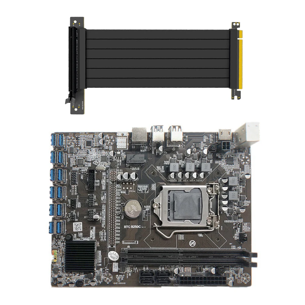 

B250C BTC 12P Mining Motherboard+PCI-E X16 3.0 Graphics Card Extender Cable Miner Board for LGA1151 DDR4 USB3.0 SATA Accessory