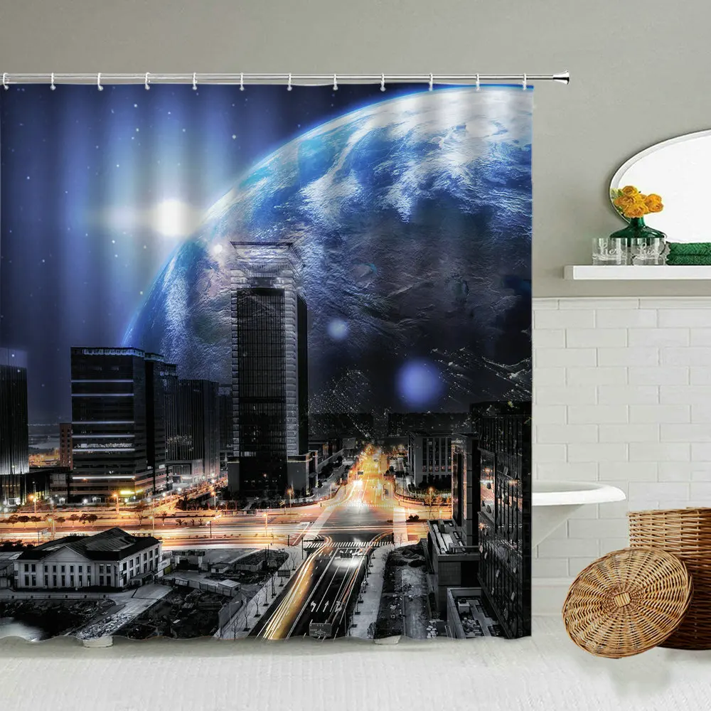 

Universe Science Fiction Theme Shower Curtain Planet City Building Night View Bathroom Wall Decor With Hook Waterproof Screen