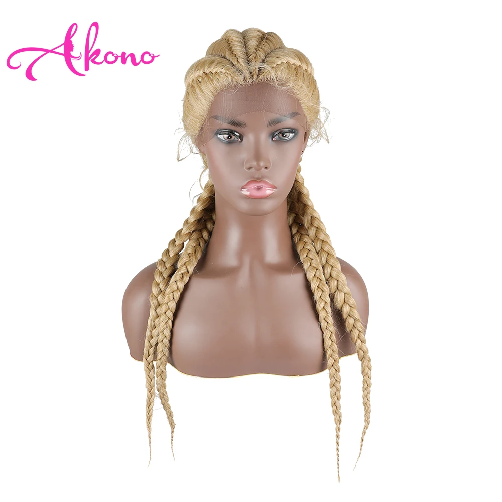 Akono Braided Wigs for Black Women 26 inches Synthetic Lace Front Wig Box Braid Wig Baby Hair Afro American Women's Cornrow Wigs