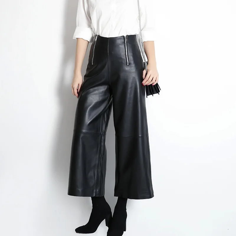 Factory New Arrival Women  Fashion Genuine Leather Pants,High Wasit Loose Leather Ankle lenth Pants