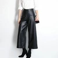 factory new arrival women fashion genuine leather pantshigh wasit loose leather ankle lenth pants