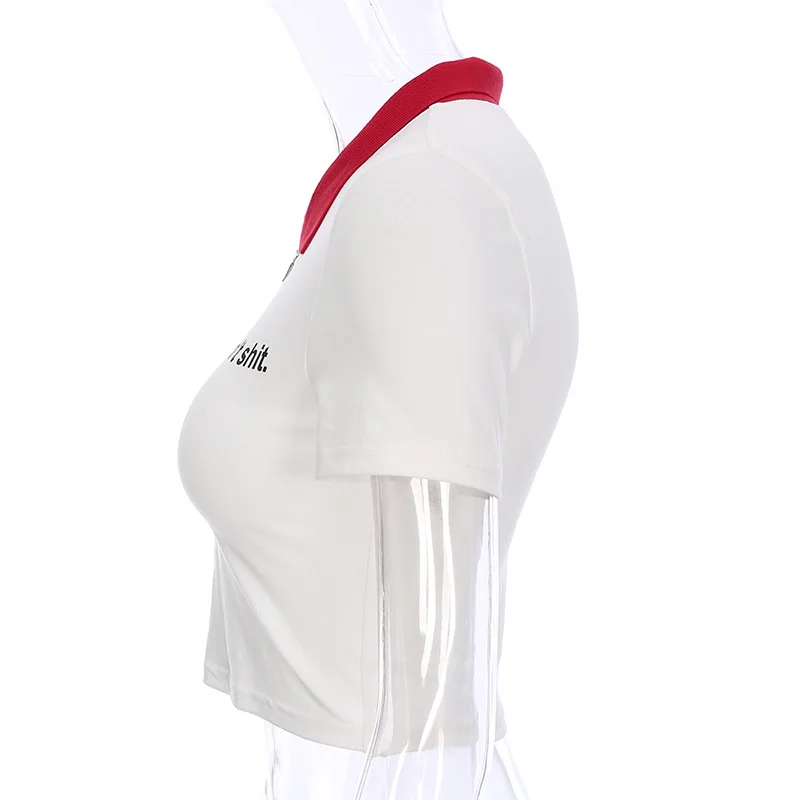 

Women Fashion T-shirt Slim Sexy Skinny Zipper Crop Top Summer Color Block Clothes Streetwear Short Style