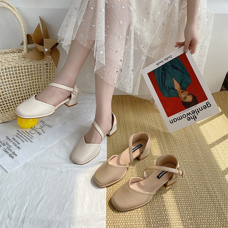 

2021 Sandals Low-Heeled Shoes With Strap Suit Female Beige Slip-on Loafers Summer Women's New Low-heeled Black Elastic Band Fash