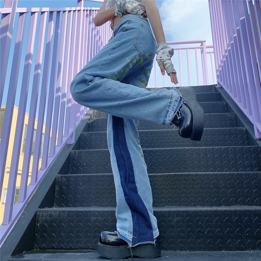 

Summer new Harajuku style embroidery hit color high-waist thin jeans women's straight pants