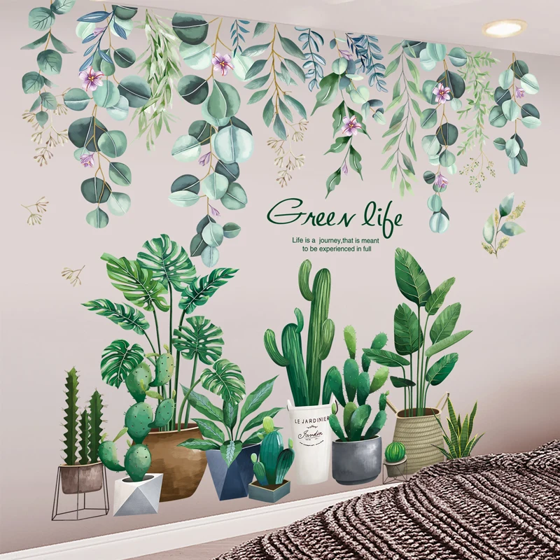 

[SHIJUEHEZI] Green Plant Leaves Wall Stickers DIY Potted Culture Mural Decals for Living Room Kitchen Nursery Home Decoration