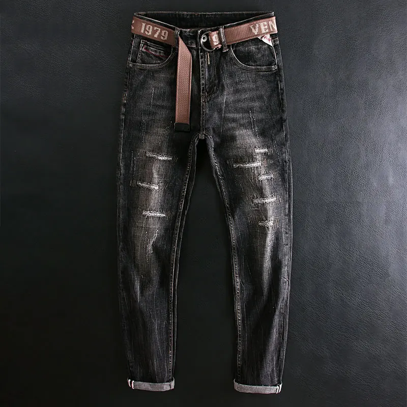 Европейские американские уличные модные мужские джинсы в стиле ретро Черные Серые эластичные узкие рваные джинсы мужские дизайнерские Джи...