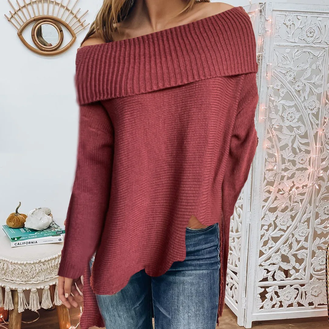 

Kalenmos Non-standard Hem Sweater Women's One-way Neck Strapless Sexy Split Pullover Long-sleeved Solid Color Knitted Pullovers