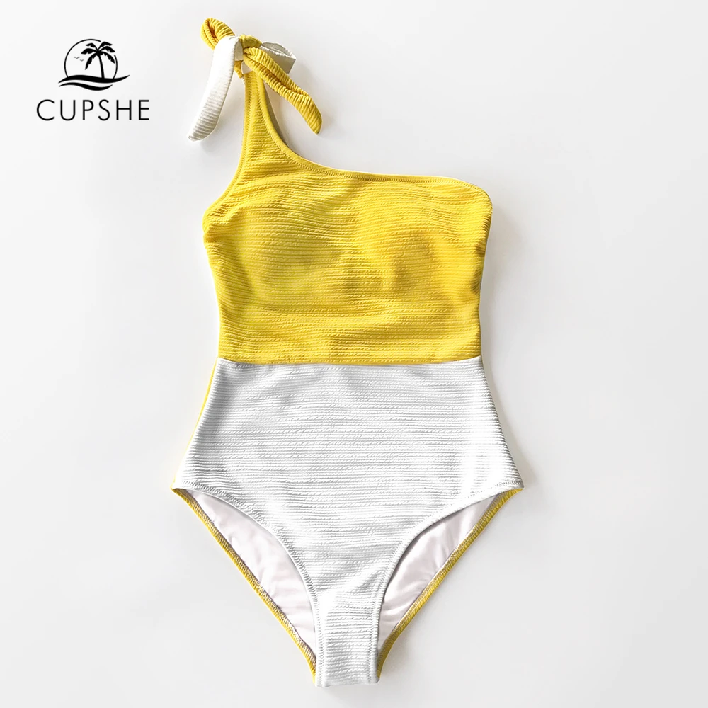 CUPSHE зеленый и белый цвет блок одно плечо цельный купальник 2021 женский бантик