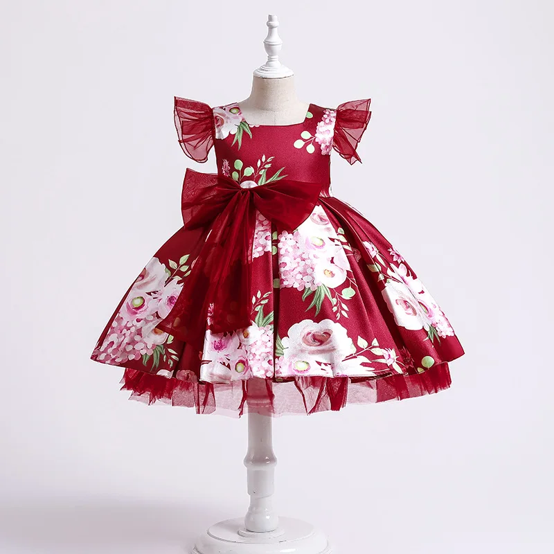 

Floral Girls Dress Silk Bow Princess Costumes For Girls 2022 Elegant Children's Clothing Kids Wedding Birthday Porm 2-10 Years