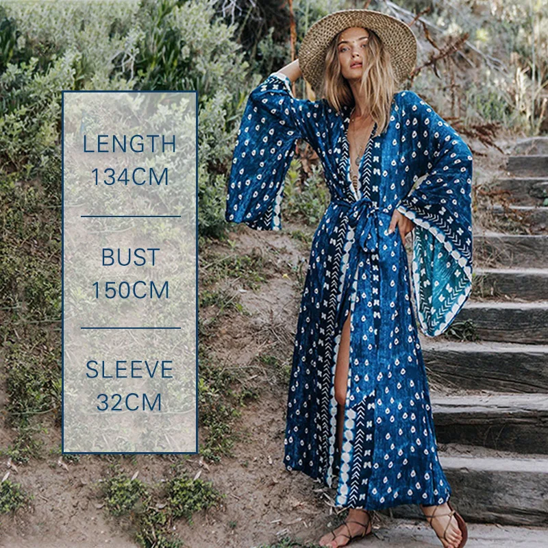 

Loose Long Dress Fashion 2021 Summer Dress Print Women'S Clothing Blue Color Designer Beach Holiday Cover-Ups One Size