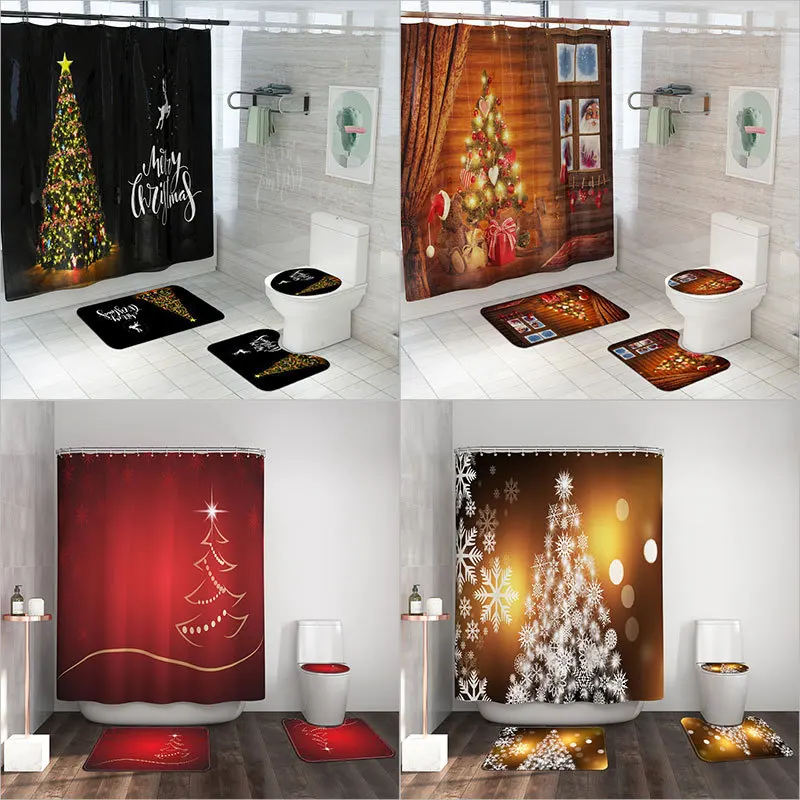 

Christmas Tree Shower Curtains Merry Christmas Bathroom Curtain Anti Slip Pedestal Rug Lid Toilet Cover Bath Mat Set Home Decor