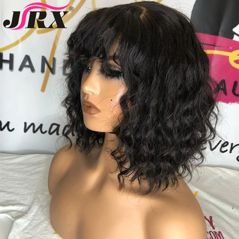 Short Curly Human Hair Wigs with Bangs Full Machine Made Wigs Brazilian Remy Natural Wave Human Hair Wigs Short Bob Fringe Wig