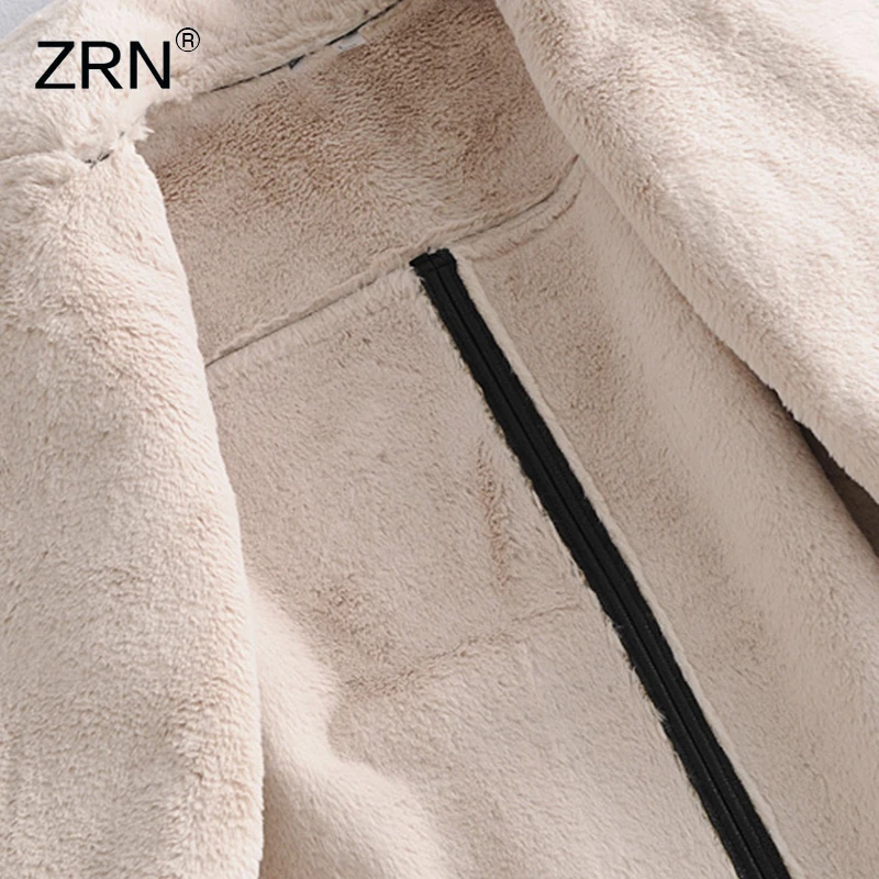 

ZRN Winter Women Chic Black Fur Faux Leather Jacket Coat With Belt Turn Down Collar Ladies Thick Warm Vintage Oversized Coat