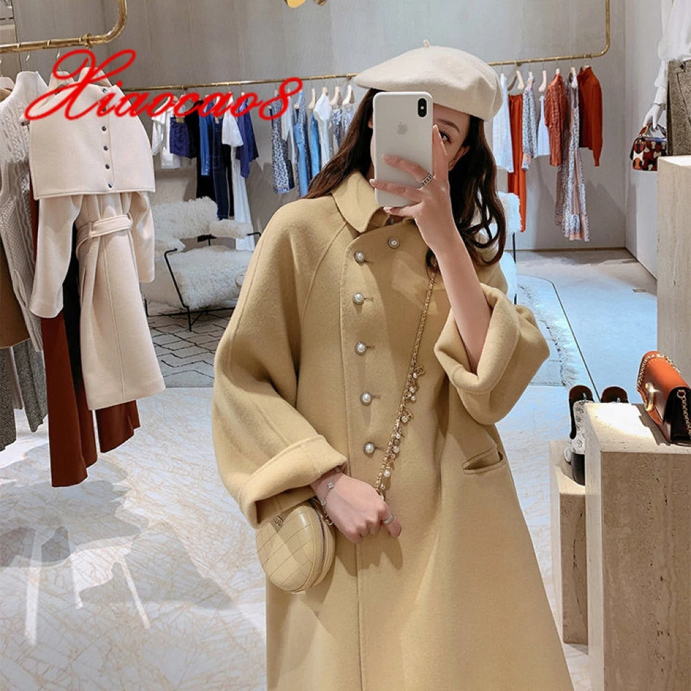 

Fashion Women Pearl Button Long Coat Solid Casual Korean Style Woolen Outerwear Winter Office Lady Full Overcoat Plus Size