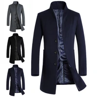 new men winter warm solid color woolen trench coat outwear overcoat long jacket