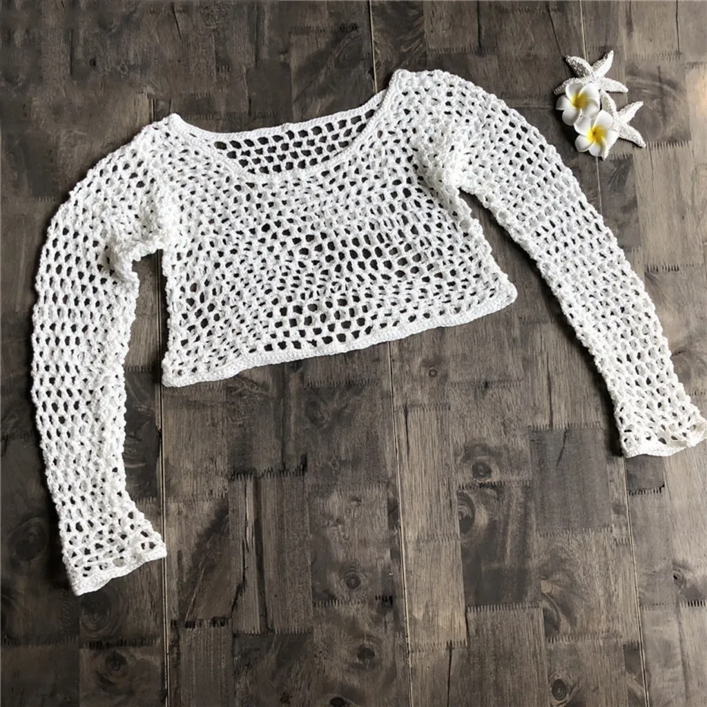 Сетчатый пляжный короткий топ вязаный крючком купальник с лямкой на шее