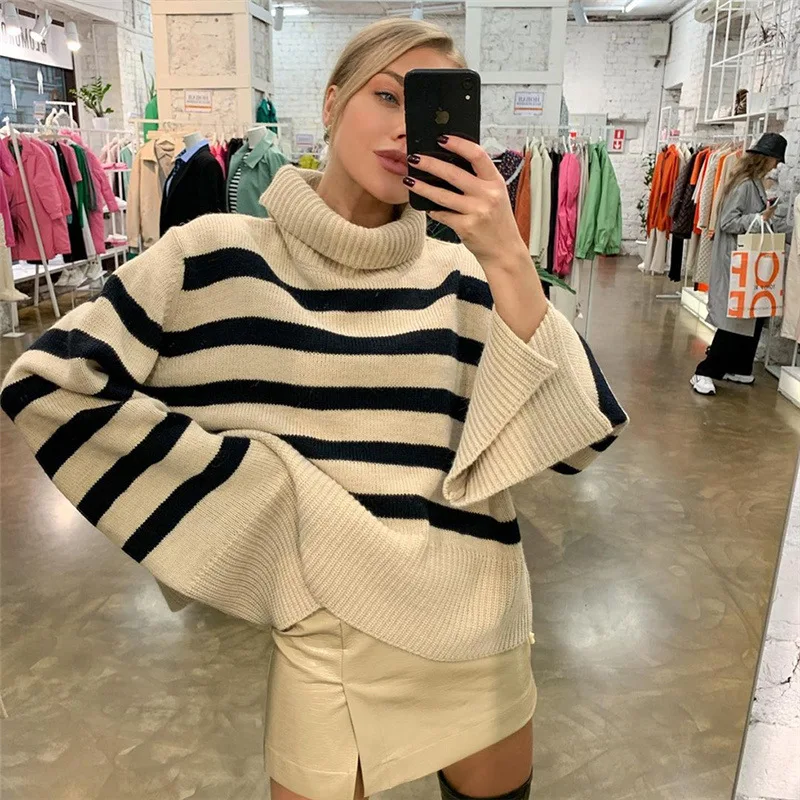 

Turtleneck Loose Sweater Top Women Autumn Winter 2021 Black Stripe Print Fashion Casaul Knitted Pullover Vintage