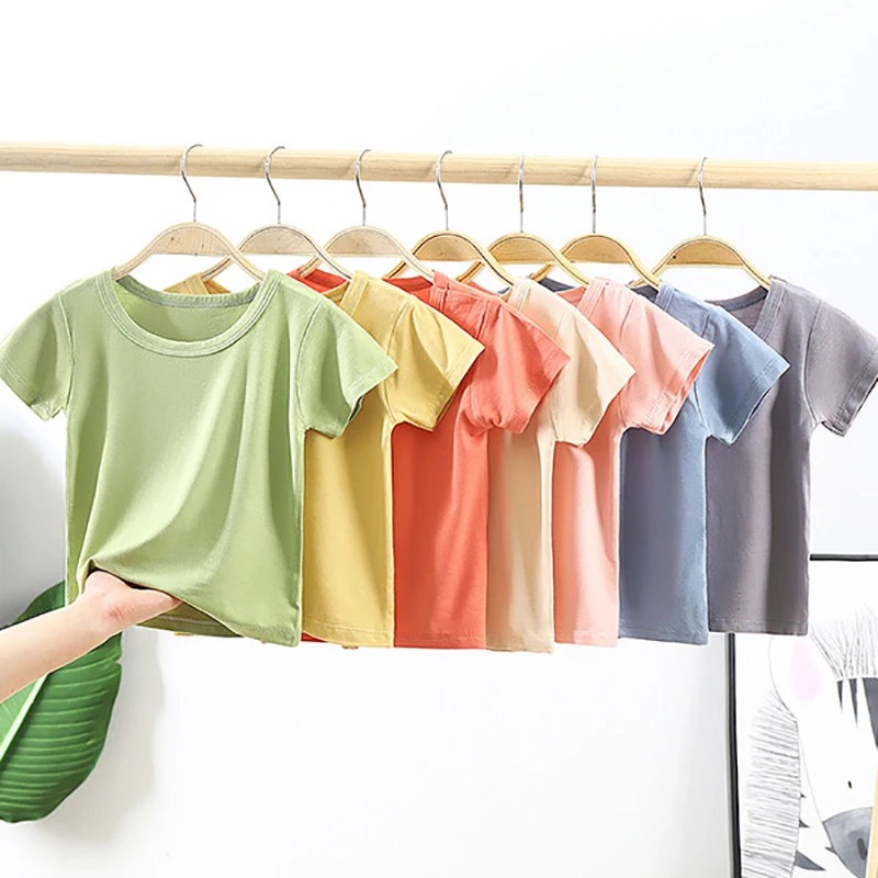 New 2021 T-Shirts Boys Girls Summer Short Sleeve Childrens Clothing Kids Soft Breathable Tops Solid Color Casual Tees Promotion | Детская