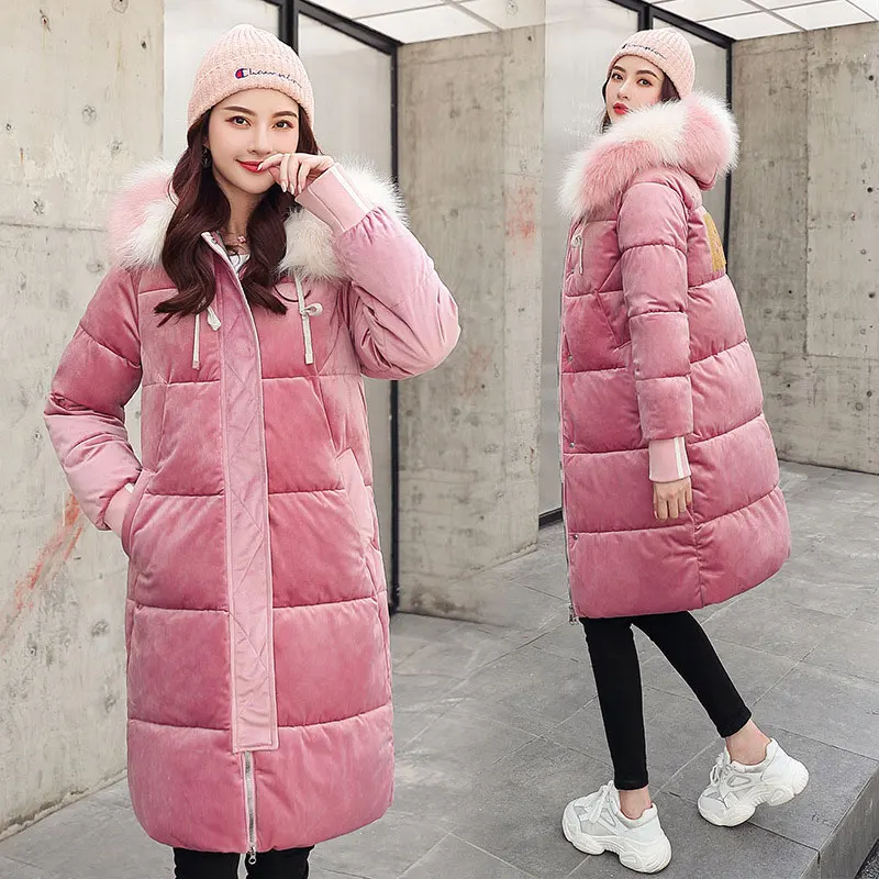 PINK Длинное велюровое меховое пальто с капюшоном для женщин, большой размер, пекарня, зимнее пуховое пальто, Толстая теплая куртка, ватные парки с большим карманом - Цвет: PINK