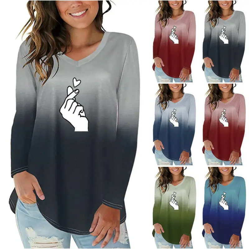 

Womens Gradient Colour Love Heart Printing Long Sleeve V-neck Tunic Tops T-shirt