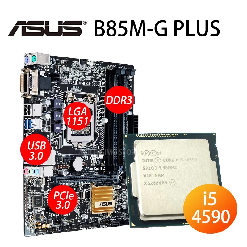 Verkauf LGA 1150 ASUS B85M-G PLUS Motherboard + CPU Intel Core I5 4590 Motherboard Set DDR3 HDMI-kompatibel B85 Placa-Mãe 1150 3,3 GHz