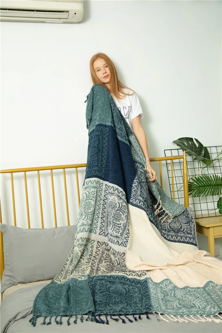 Mediterranean American chenille sofa cushion Colorful Bohemian Chenille Plaids Sofa Large Cobertor Blanket With Tassel | Дом и сад