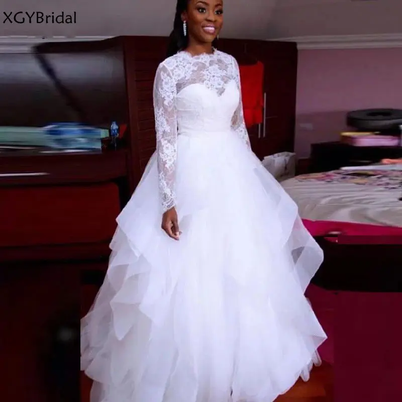

New Arrival Bridal Muslim Wedding Dresses Ball Gown Tulle Ruffles Lace Boho Dubai Arabic Wedding Gown Vestido De Noiva