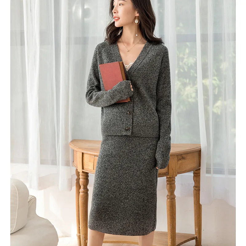 

Piece 2 Knitted Set Women Cashmere Office Lady Single Breasted V-Neck Sweater+pencial Skirts Mid-Calf Elastic Waist