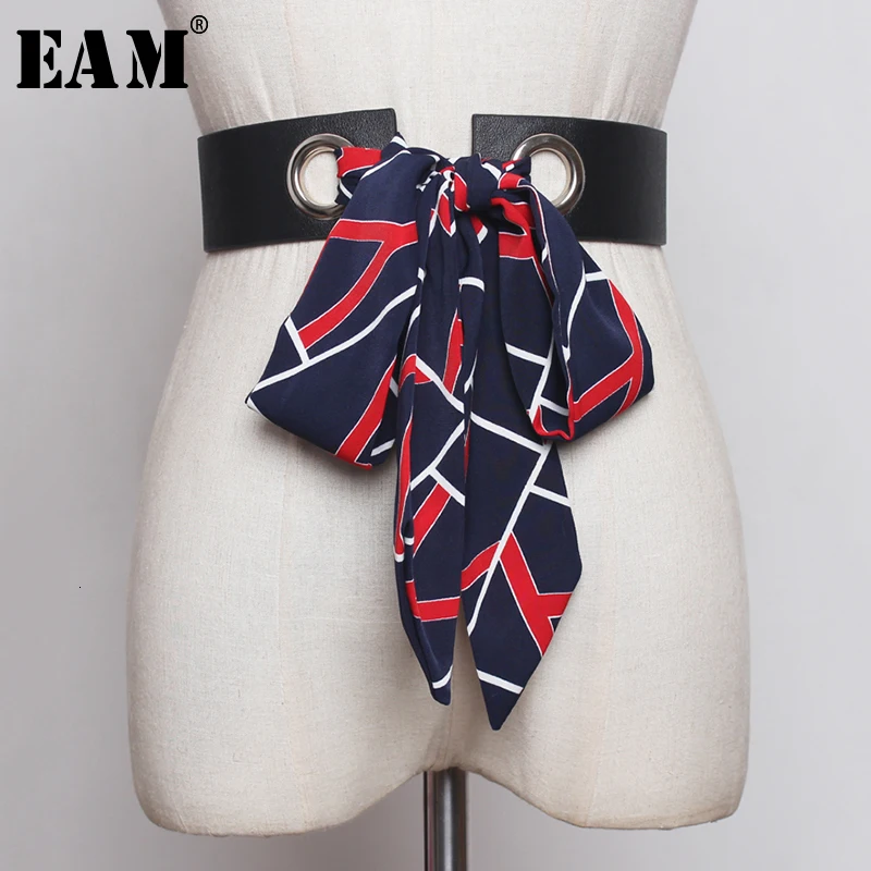 [EAM] женский шарф из искусственной кожи с разрезом и длинным поясом новый модный
