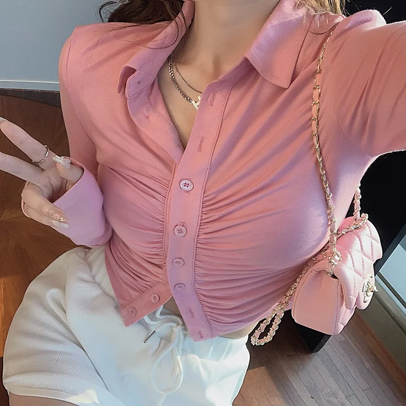 

Новинка 2021, Ранняя осень, облегающий короткий кардиган в Корейском стиле, плиссированный дизайнерский нишевый Топ с длинным рукавом и отвор...