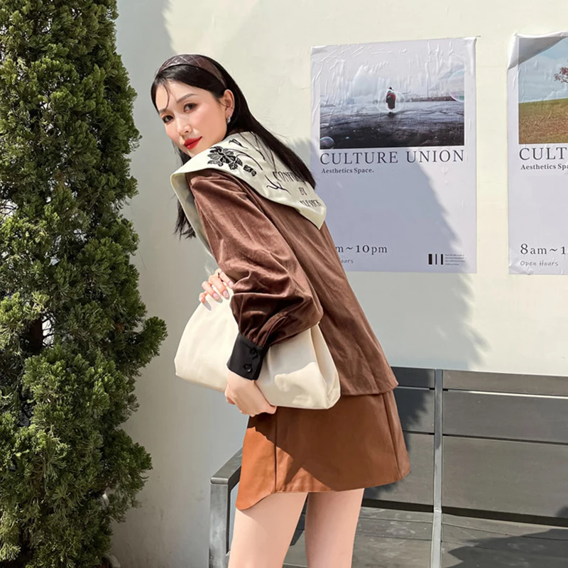 

XIZIHUPAN Vintage Brown T Shirt For Women Lapel Long Sleeve Hit Color Floral Designer T Shirts Female 2021 Clothes Korean Style