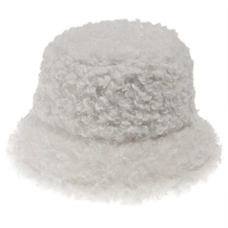 

Women Hat Solid Lamb Warm Female Cap Faux Fur Winter Bucket Hat For Women Outdoor Sunscreen Sun Hat Panama Lady Cap Fluffy