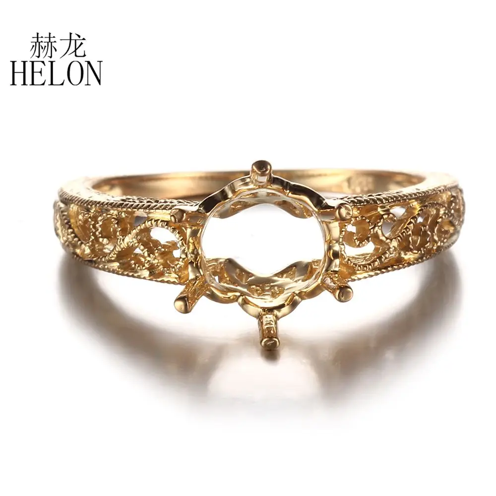 HELON Round Cut 7.5-8mm Solid 10K Yellow Gold Art Style Filigree Women Fine Jewelry Semi Mount Engagement Wedding Ring Setting