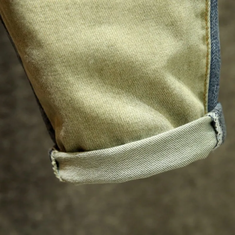 

High Street Panelled Design Vintage Denim Pants Safari Style Printing Mens Jeans Fashion Ankle Length Slim Fit Pencil Pants Male