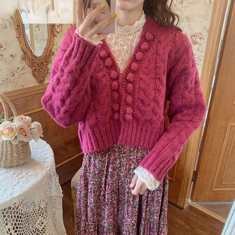 

2022 Autumn Winter Women Solid Cardigan Warm Knitted Sweater Female Fashion Knit Cardigans Coat Lady V Neck Loose Sweaters B100