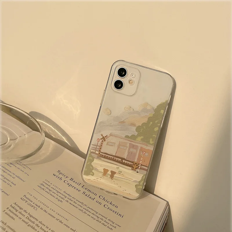 retro sweet train station painting kawaii japanese phone case for iphone 13 11 12 pro xs max xr 7 8 plus x 7plus case cute cover free global shipping