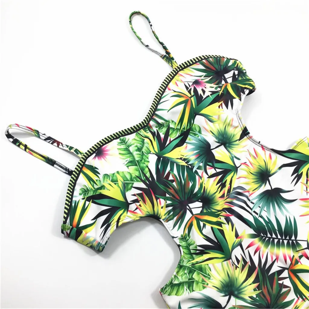 Women's Print leaf halter New Bikini 1Piece Flower off-shoulder Sexy Swimsuit Fashiona Push-Up Pad bra купальник |