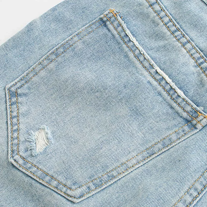 

Retro Soratched Hole Ripped Mom Jeans Full Length Daily Office Wear Pants Jeans Femme Lady Light Blue Color Pencil Pants