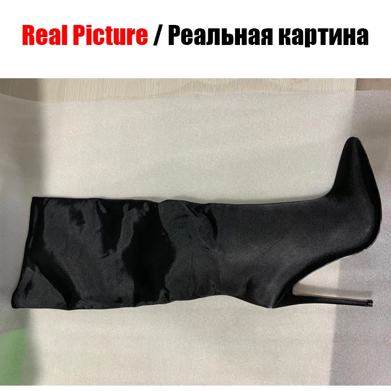 Женские сапоги до колена на молнии с острым носком высоком тонком каблуке 12 см |