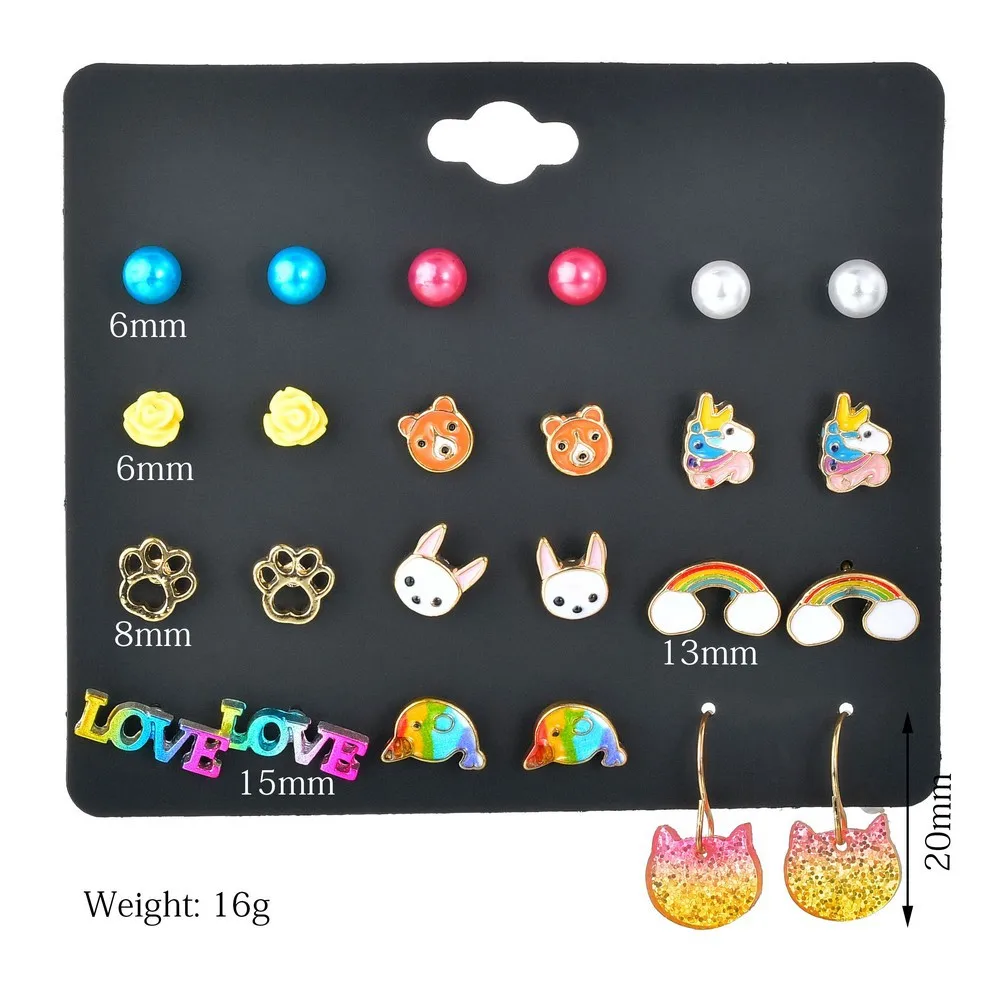 

12 Pairs colorful cute animal earrings set for women baby children jewelry unicorn rainbow love letter cat paw stud earrings