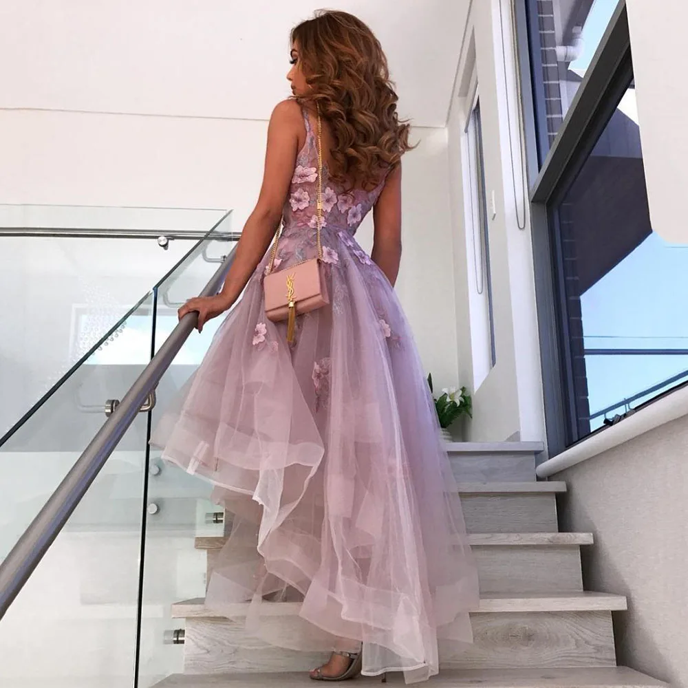 Eightree Lavender Short Prom Dresses V Neck Lace 3D Appliques Evening Party Gowns Sleeveless High Low | Свадьбы и торжества