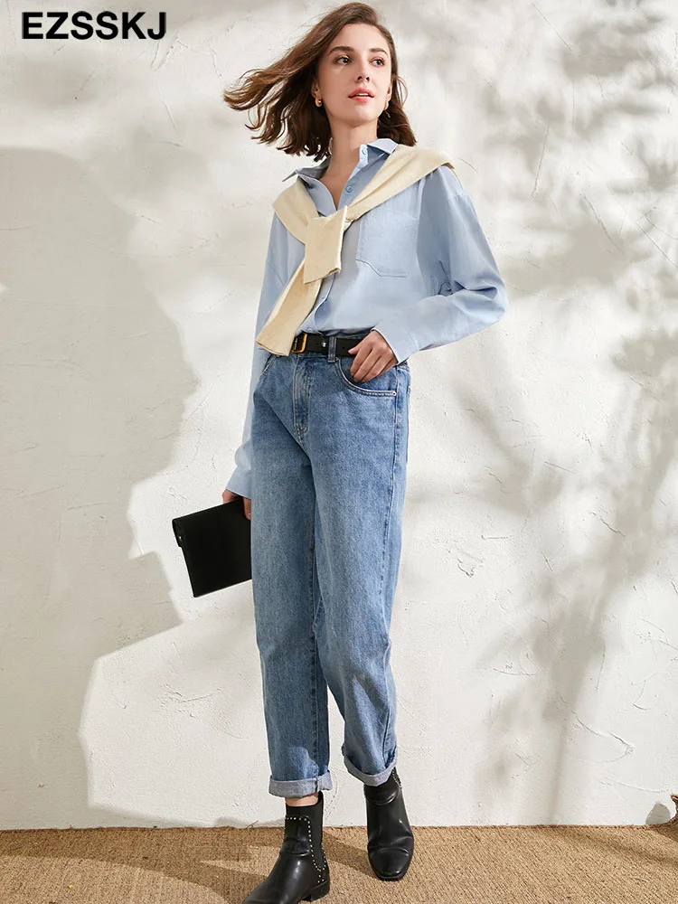 EZSSKJ новинка 2021 шикарная повседневная женская рубашка однотонная длинная