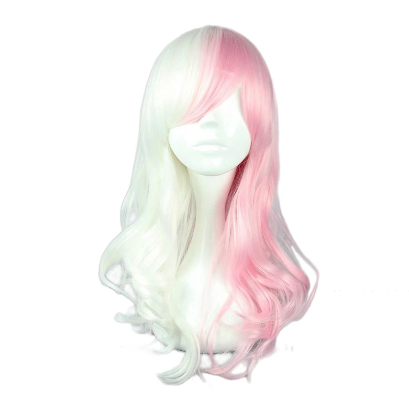 

Danganronpa Monomi Cosplay Wig Women Long Curly Dangan Ronpa White Pink Mix Hairpiece Halloween Party Costume Wigs