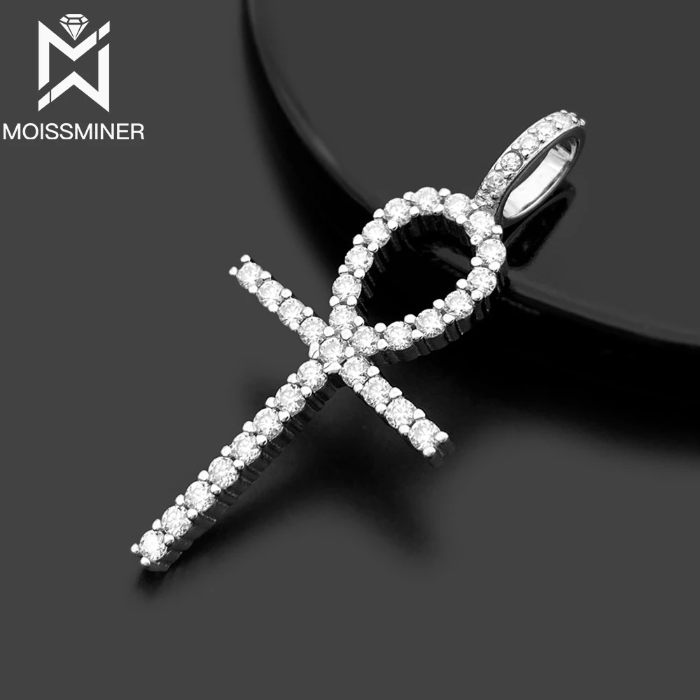 Moissanite S925 Silver Long Ankh Cross Pendants Necklace Real Diamond Iced Out Necklaces For Men Women Jewelry Pass Tester