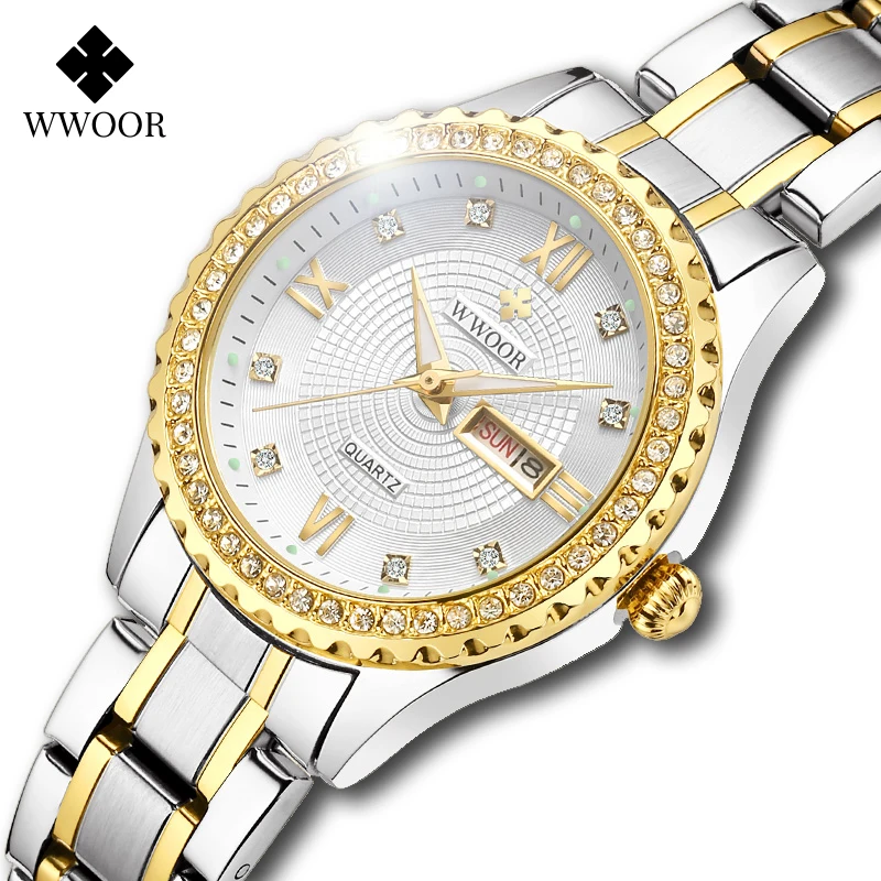 

Montre Femme 2020 Imitations Of Luxury Brands WWOOR Diamond Ladies Dress Watches Gold Full Steel Quartz Bracelet Watch For Women