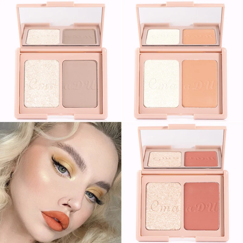 

CmaaDU 2 Color High Gloss Blush All-in-one Plate Highlighter Shining Glitter Easy Color Retouch The Contours Of The Face TSLM1