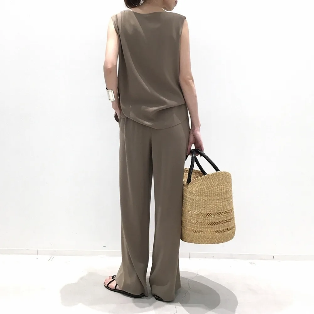 

Two Piece Sets Women 2ps Vest Sleeveless Wide Leg Pants Chiffon Solid Color Light Coffee Fashion Casual Japanese Style 2021 New