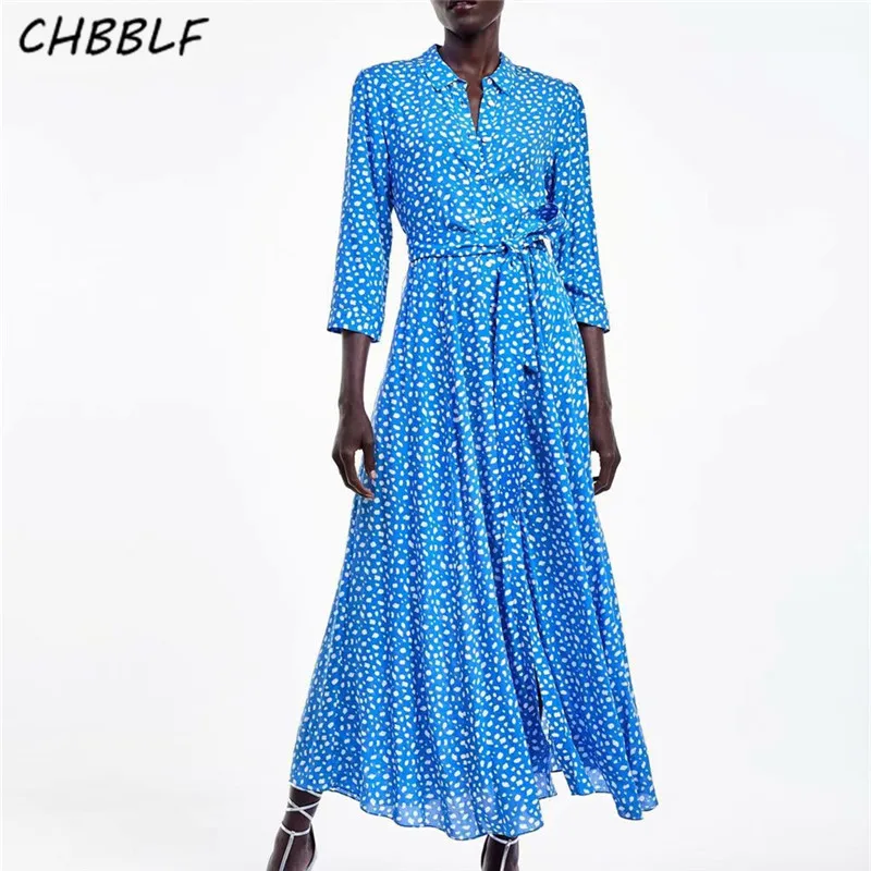 

CHBBLF women stylish loose midi dress turn-down collar sashes polka dot print single breaste blouse style vestido XDL2355