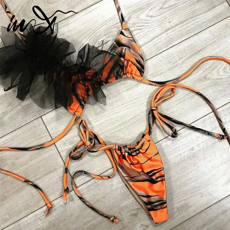 In-X сексуальное микро бикини 2020 сетчатый купальник с оборками Женский