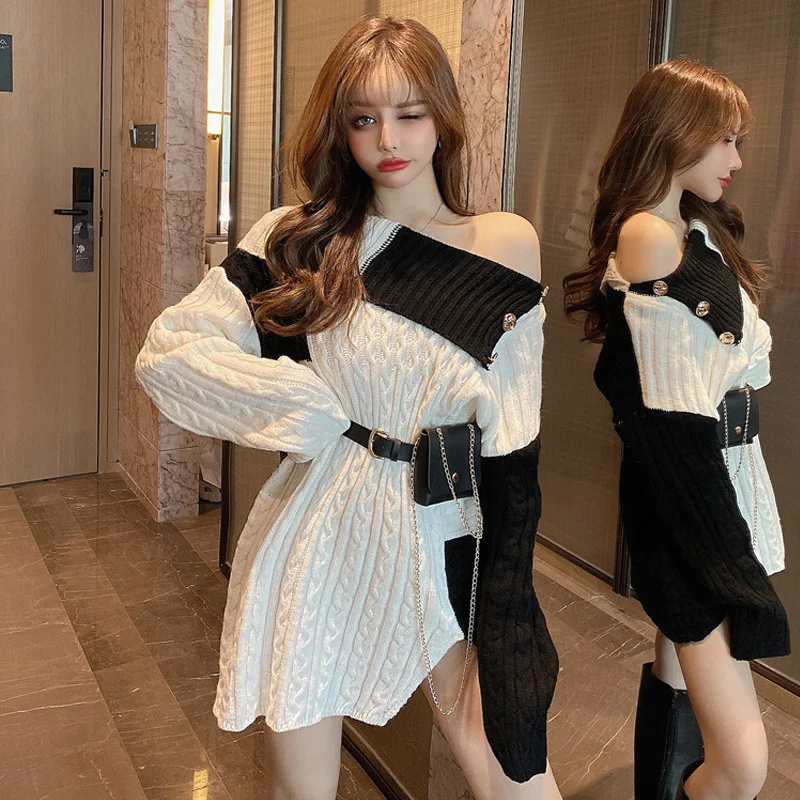 

Женское трикотажное платье средней длины, с открытыми плечами